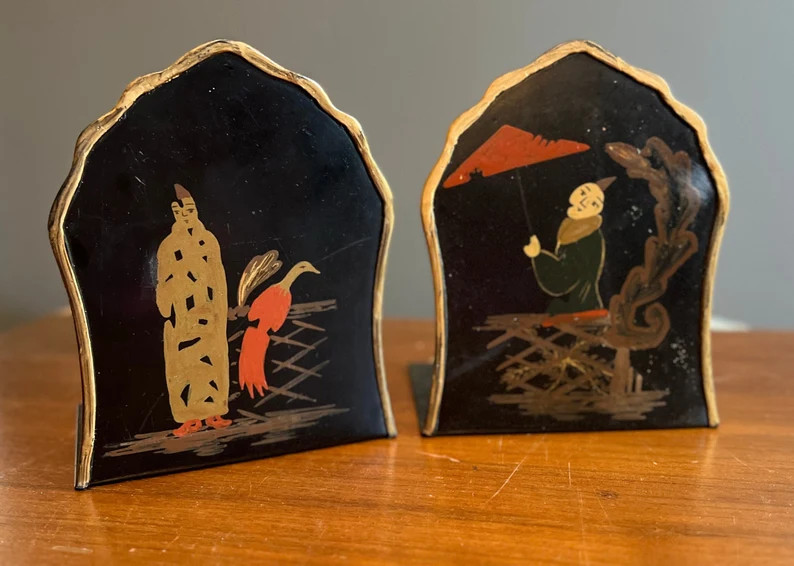 RARE Vintage Book Ends. Chinoiserie Hand-painted on Black Lacquered Metal. 8 1/2"h Gold Trim - Et... | Etsy (US)