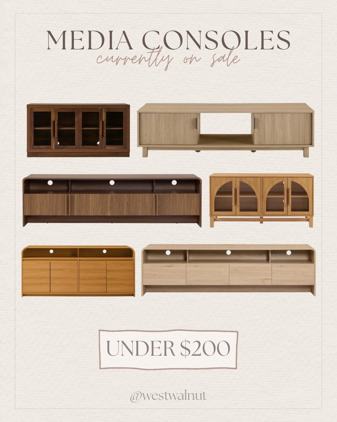 Media consoles are a super important, key piece in any living room due to them being a part of the focal point. In a typical living room where the furniture is centered around the tv, the media console will constantly have eyes on it. This is why it's great to use a media console to incorporate a touch of your personal style to the space as well as incorporate wood tones from the rest of your space.

If you’re looking for a modern media console table under $200, now’s your chance! I sourced six different wood tone media console tables with modern silhouettes and design elements.

#mediaconsole #mediacabinet #affordablefurniture #modernfurniture #livingroomfurniture #budgetfriendly #homefinds #tvstand