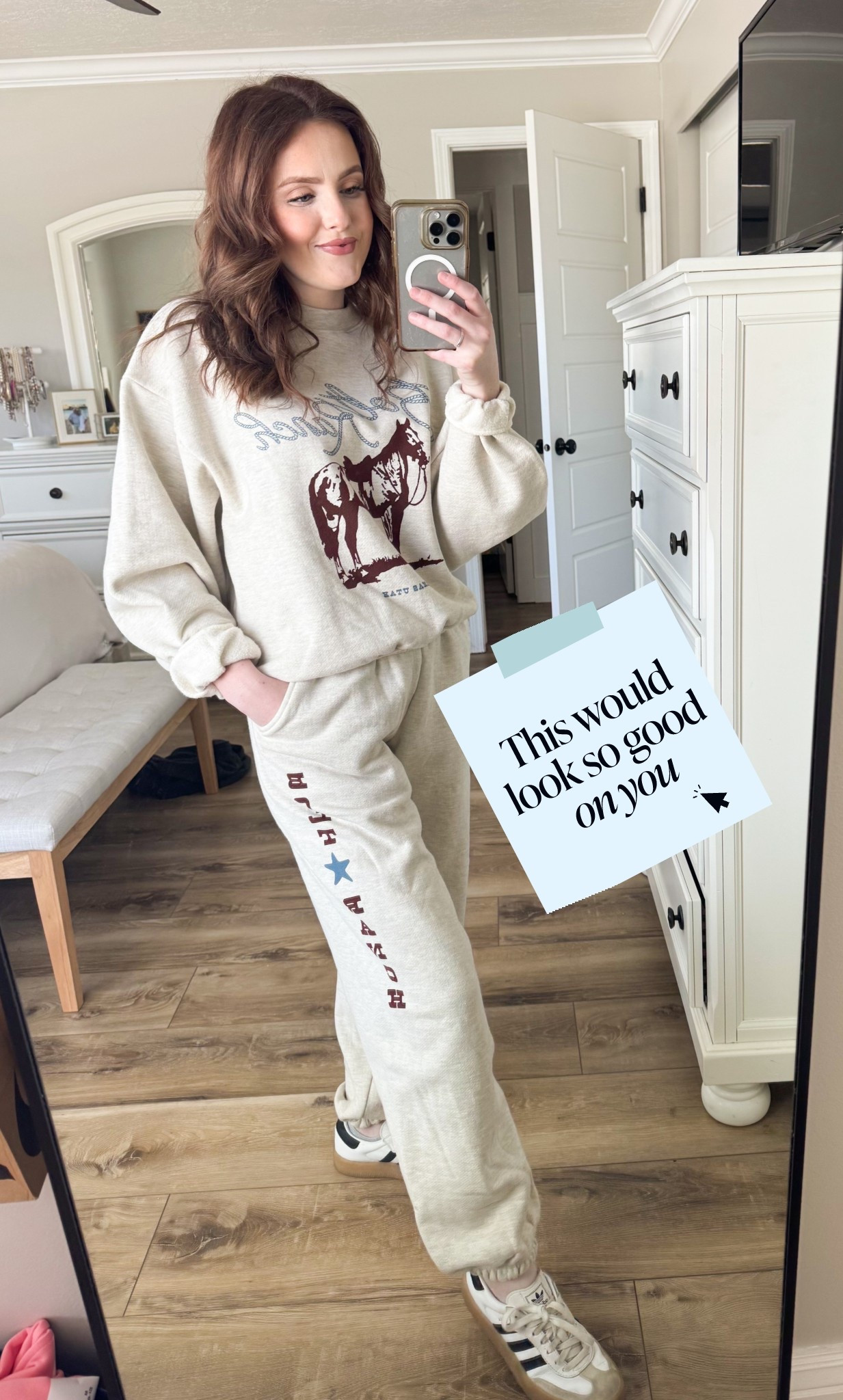 When you find a western matching sweat set and suddenly your whole personality is cozy cowgirl 🤠🐴 This graphic western crewneck and sweatpants combo is everything — and yes I wore it all day. Adidas Sambas because obviously. Linked on LTK! ✨

#LTKTravel #LTKootd #LTKFestival