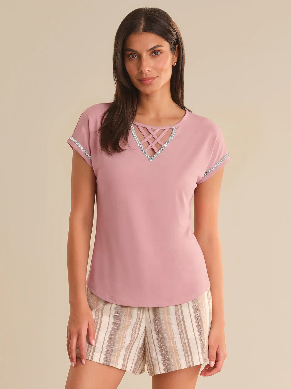 89th & Madison Lace Up Jeweled Dolman Cool Feel Top | 89th + Madison