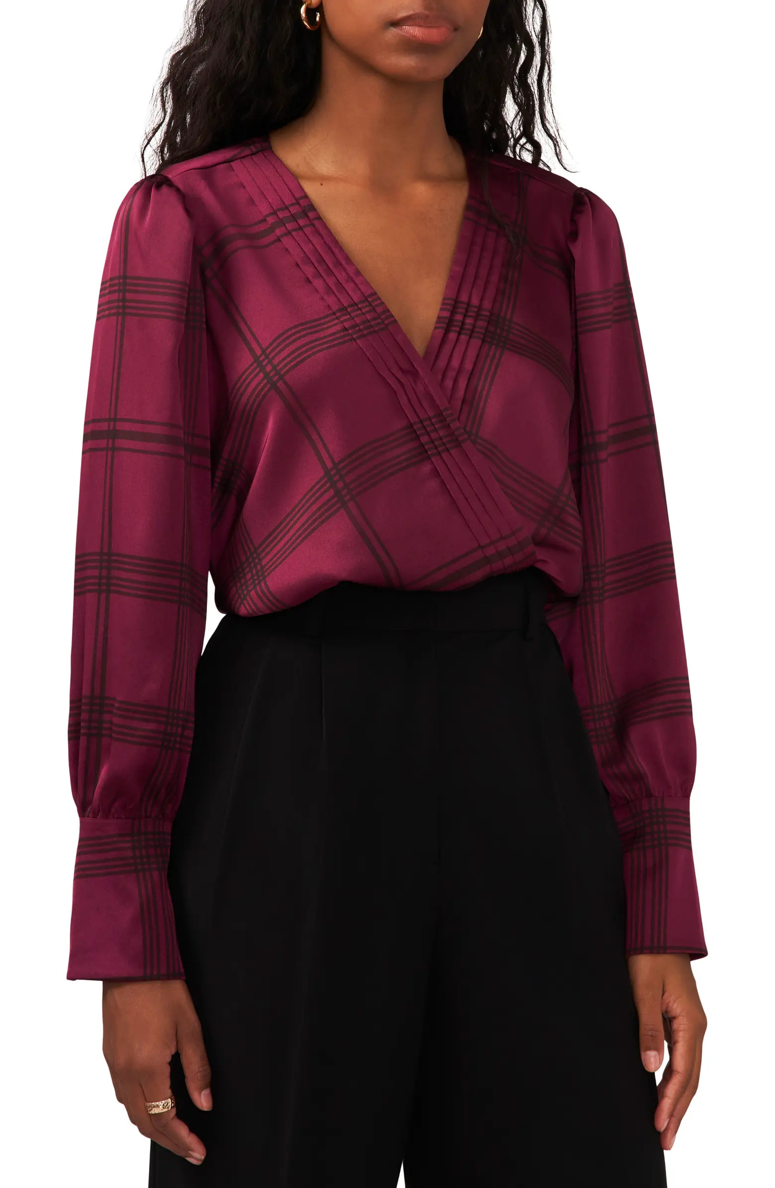 Halogen® Pintuck Pleated Plaid Wrap Front Blouse | Nordstrom | Nordstrom