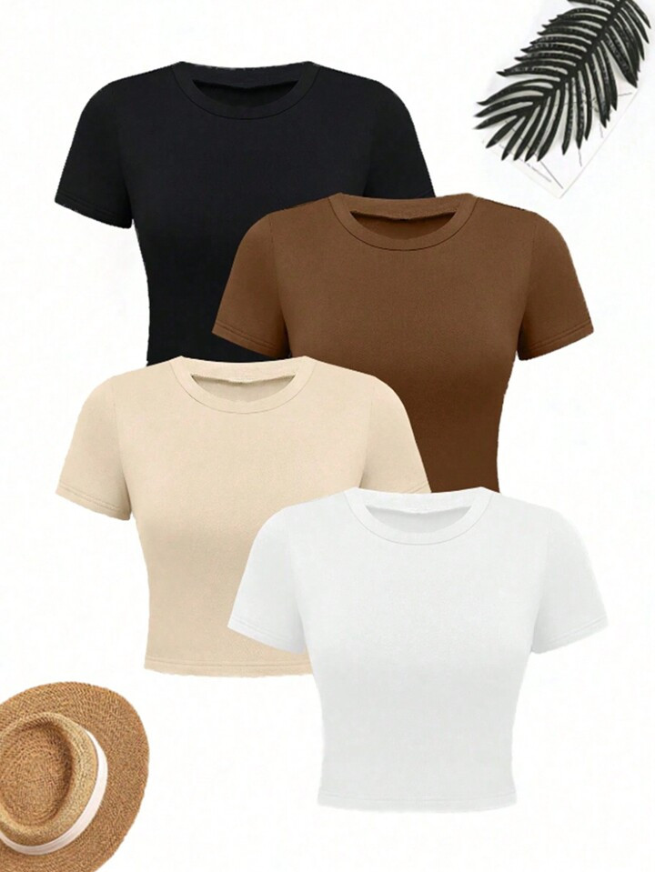 SHEIN Essnce Women's Plus Size Round Neck Solid Color Short Sleeve T-Shirt | SHEIN