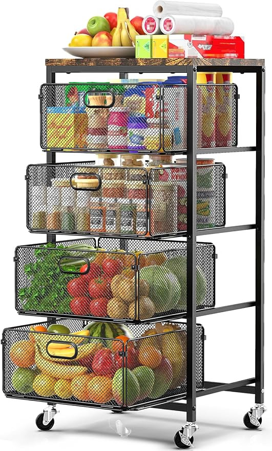 SUNALLY Rolling Kitchen Cart with Drawers, 4-Tier Utility Cart Fruit Vegetable Storage Cart with ... | Amazon (US)