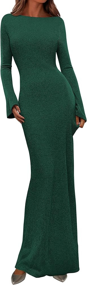 PRETTYGARDEN Women's Fall Fashion 2025 Long Sleeve Maxi Dress Ribbed Knit Boat Neck Bodycon Casua... | Amazon (US)