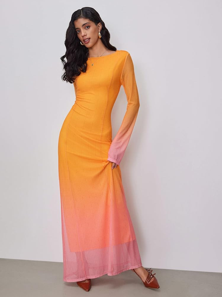 CIDER Miami Sunset Vacation Mesh Round Neck Gradient Maxi Dress | Amazon (US)