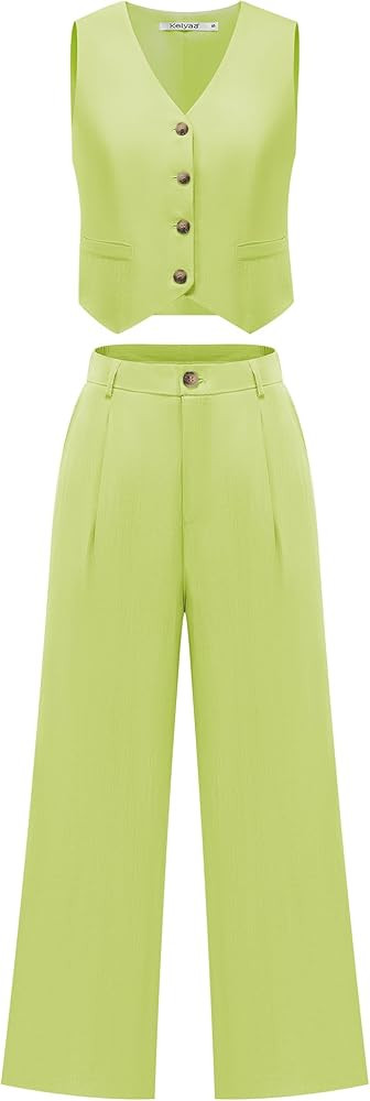 Women's 2 Piece Outfits Sleeveless Suit Vest and Wide Leg Pants Casual Business Office Sets | Amazon (US)