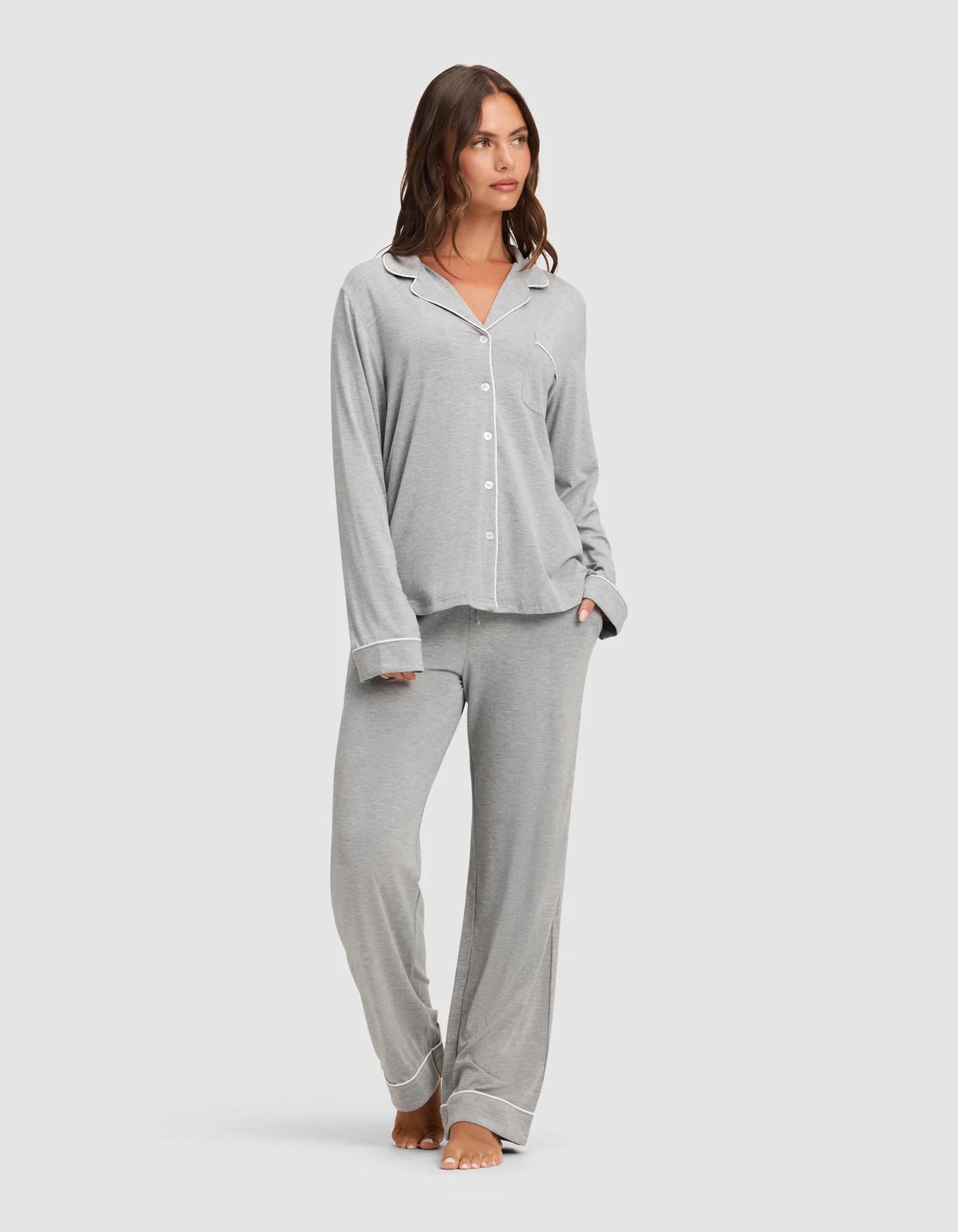Women's Bamboo Viscose Stretch-Knit Long Sleeve Shirt Pajama Set TALL in Grey (Size: XS) - Cozy Earth | Cozy Earth