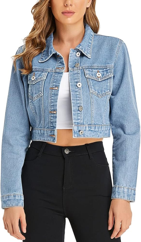PEIQI Women’s Cropped Jean Denim Jacket Button Down Long Sleeve with Pockets | Amazon (US)