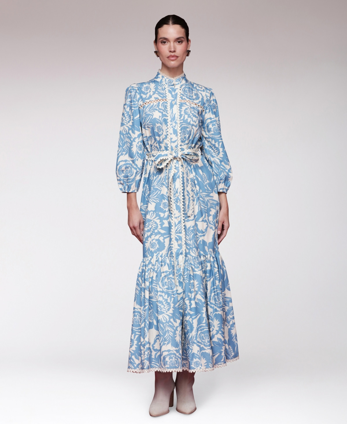 Avec Les Filles Women's Cotton Belted Puffed-Shoulder Dress - Blue Vintage Floral | Macy's