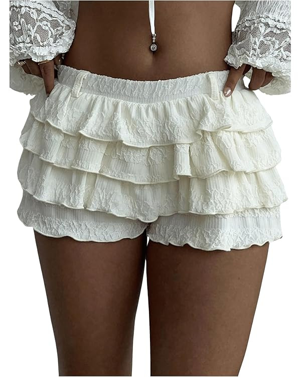Women's Y2k Ruffle Shorts Elastic Waist Texture Micro Short Casual Puffy Mini Skort Low Rise Bloo... | Amazon (US)