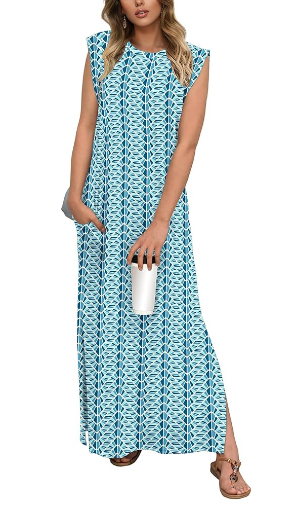 GRECERELLE 2025 Women Summer Casual Round Neck Cap Sleeve Maxi Dress with Pockets Beach Vacation ... | Amazon (US)