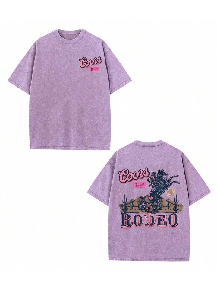 Rodeo, Becoming A Western Cowboy Is Something To Be Proud Of. The Fashionable Western Cowboy Pattern Printed 230g Washed Cotton T-Shirt Is A Single Piece, Made Of High-Quality Printed Cotton For Men In Summer. It Is A Retro Fashion Brand With Loose, Soft, Comfortable And Casual Purple T-Shirt, Suitable For Outdoor Wear In Summer. It Has A Certain Thickness And Is Suitable For Daily Wear, Friend Gifts, And Back To School Gifts | SHEIN