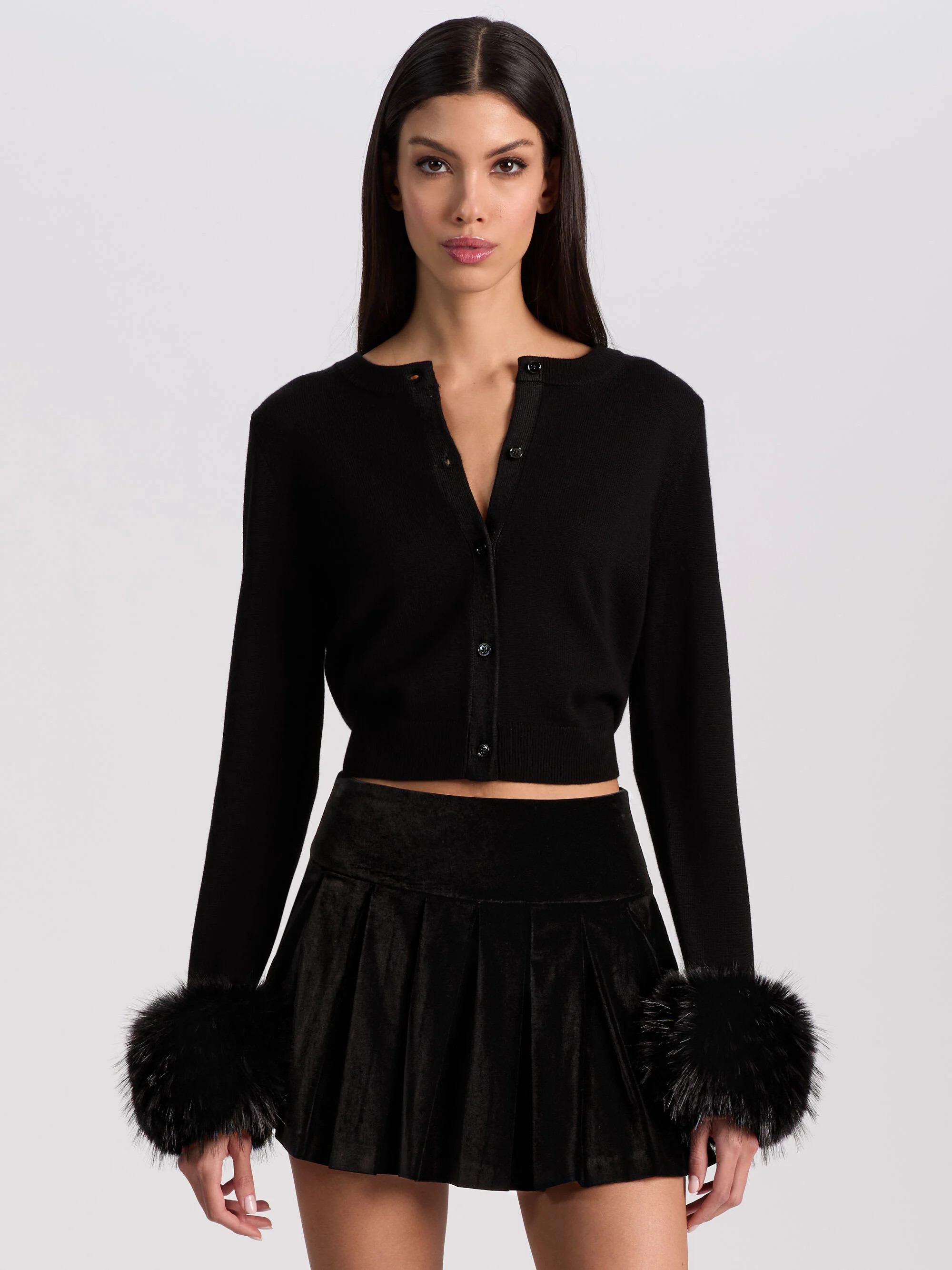 DOLLIE FAUX FUR CUFF CARDIGAN | Alice + Olivia
