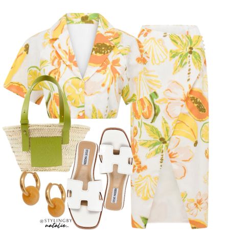 Shirt and skirt co-ord set, white flat sandals, Loewe straw beach bag & earrings.
Holiday outfit, summer outfit, tropical print, slides, crop top, summer bag, vacation outfit

#LTKtravel #LTKstyletip #LTKSeasonal