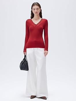SUUKSESS Cloud Cashmere Women Basic Tops V Neck Boat Neck Lace Long Sleeve Shirt | Amazon (US)
