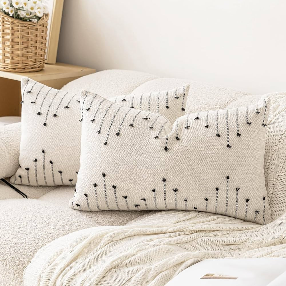 Boho Throw Pillow Covers 12x20 Set of 2 Neutral Decorative Textured Cushion Case Farmhouse Pillow... | Amazon (US)