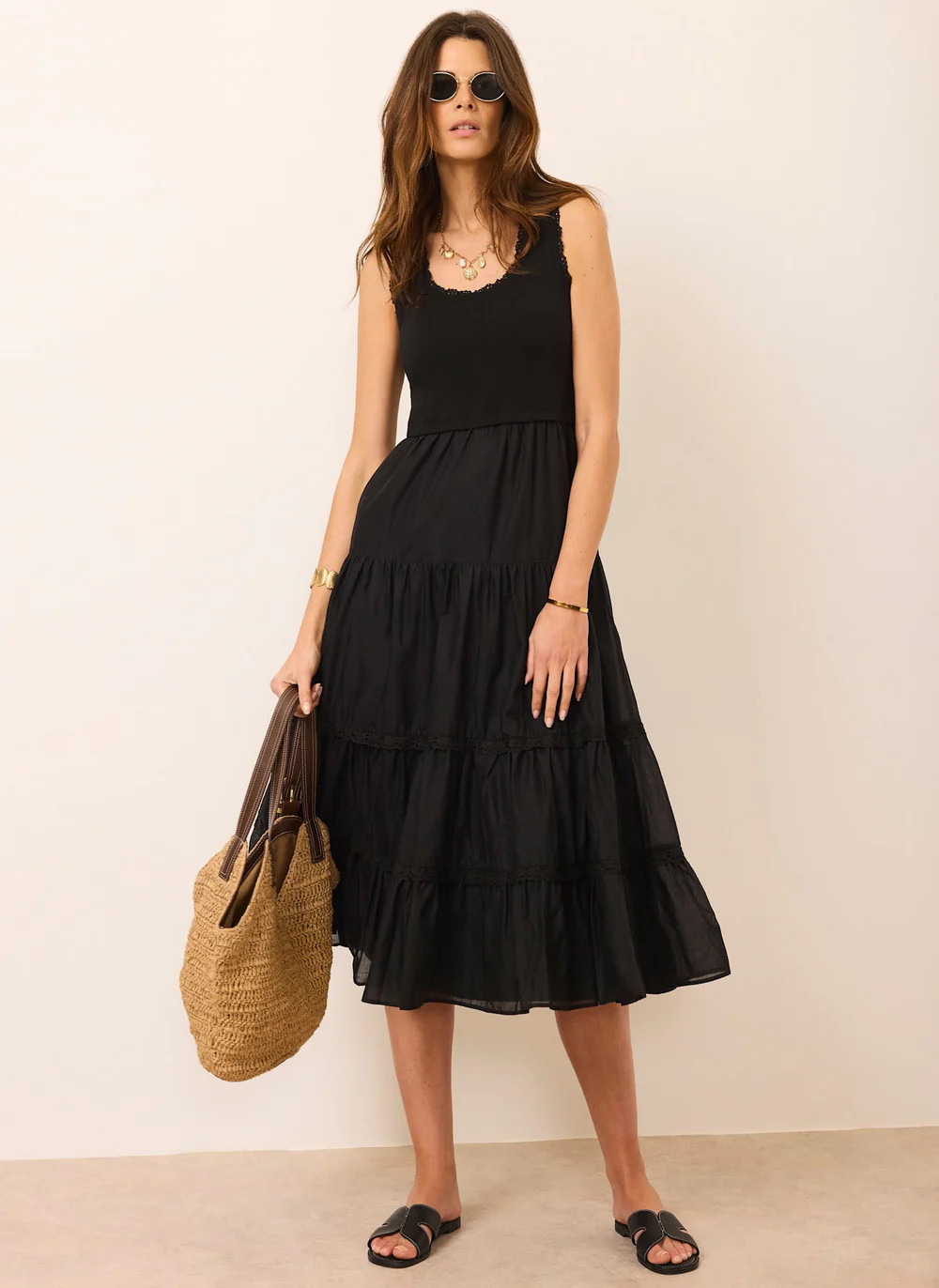 Black Crochet Trim Tiered Midi Dress | Mint Velvet