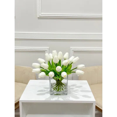 Faux Tulips Floral Arrangement in Square Glass Vase | Wayfair North America
