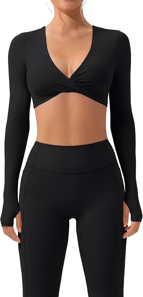 SUUKSESS Women 2 Piece Workout Sets Long Sleeve Twist Deep V Crop Padded Tops Yoga Leggings with ... | Amazon (US)