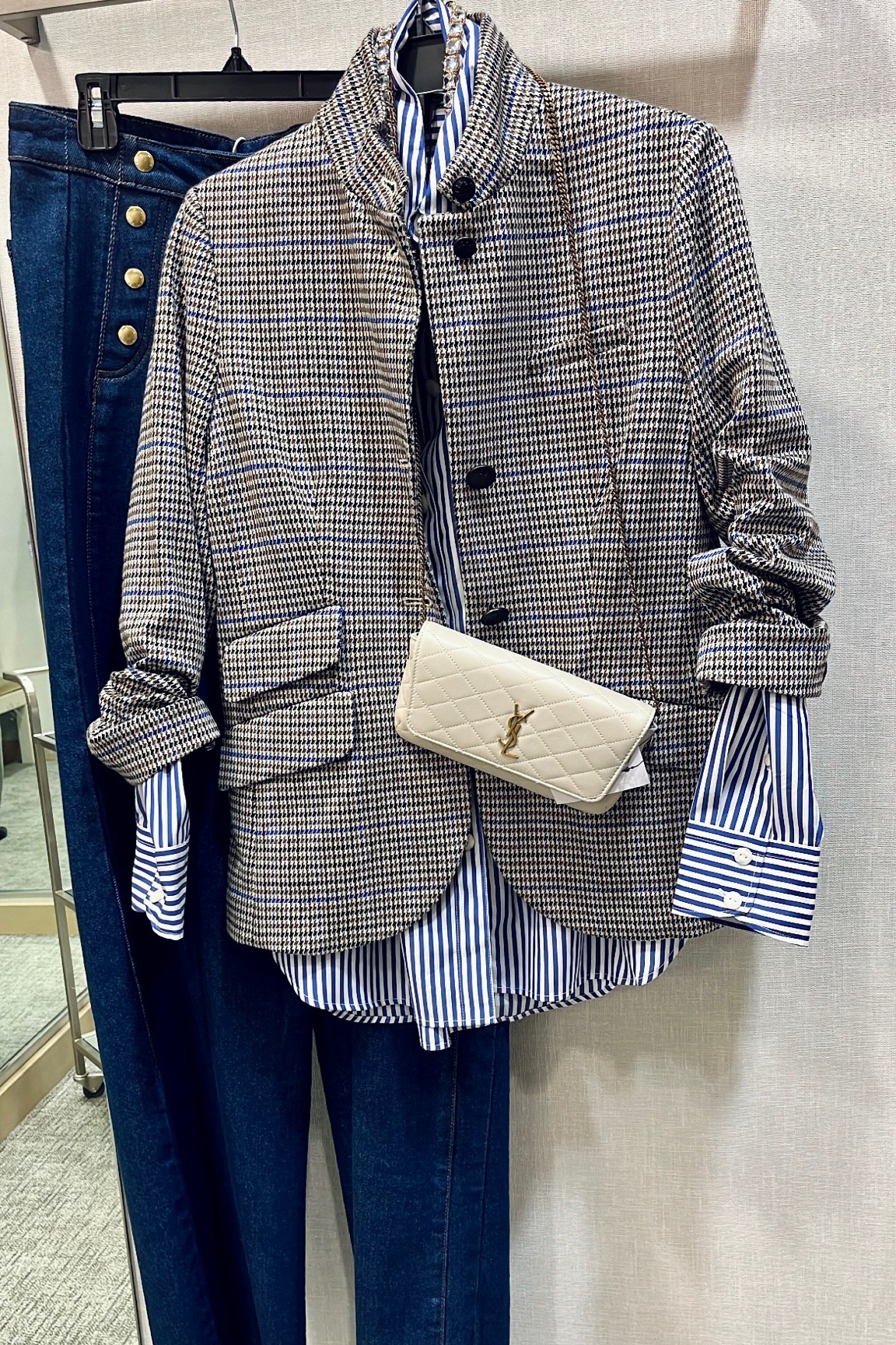 New Rag and Bone blazer! Love mixing patterns like this stripe shirt with a small houndsthooth check😍 check out the cut in these sailor jeans with gold hardware! 

#LTKworkwear #LTKover40 #LTKstyletip