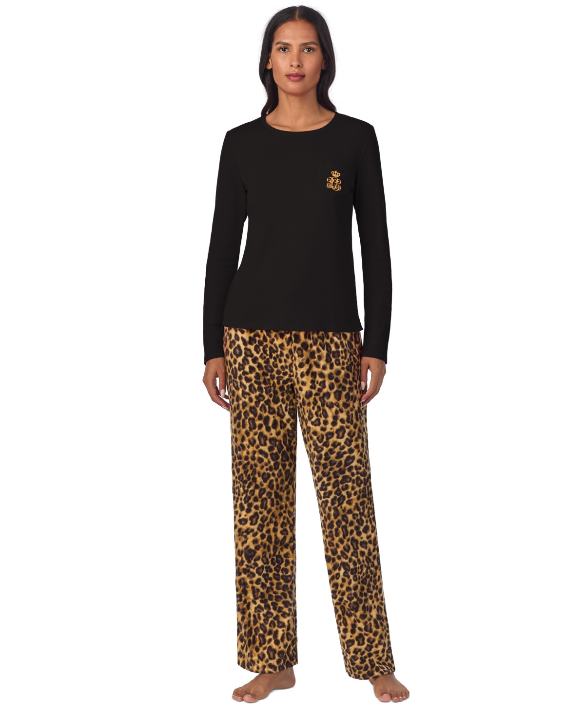 Lauren Ralph Lauren Women's Long-Sleeve Crewneck Pajama Set - Leopard | Macy's