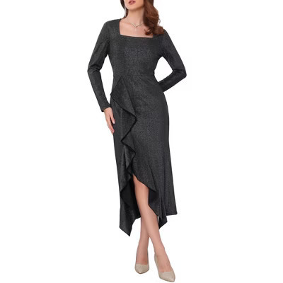 INSPIRE CHIC Women's Ruffle Front Slit Midi 2025 Glitter Long Sleeve Cocktail Party Elegant Dresses XX-Large Black | Target
