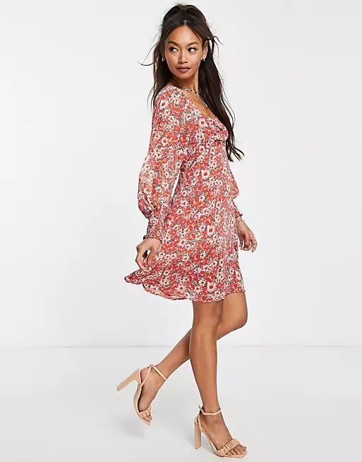 New Look vintage floral mini dress with tie detail red pattern | ASOS (Global)