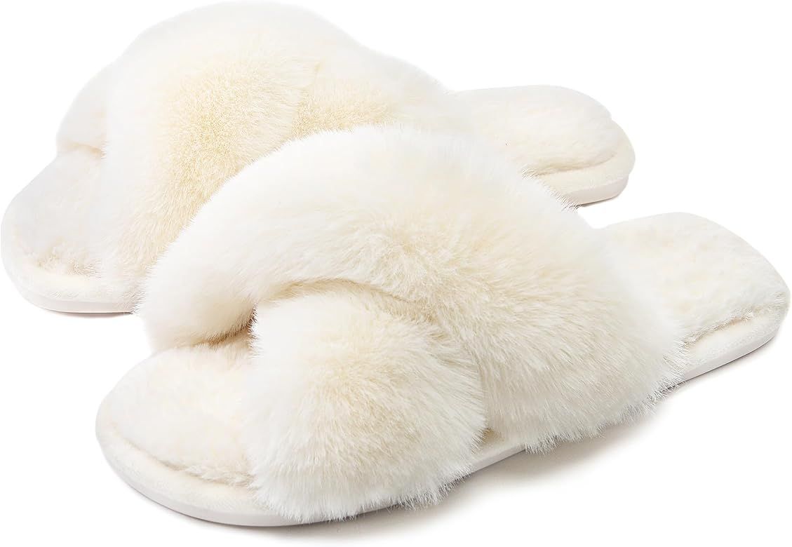 Womens Cross Band Slippers Cozy Furry Fuzzy House Slippers Open Toe Fluffy Indoor Shoes Outdoor Slip on Warm Breathable Anti-skid Sole | Amazon (US)