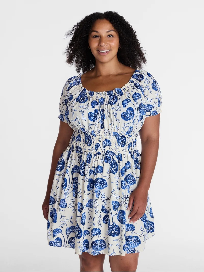 Time and Tru Women's and Women's Plus Peasant Mini Dress With Puff Sleeves, Sizes XS-4X | Walmart (US)