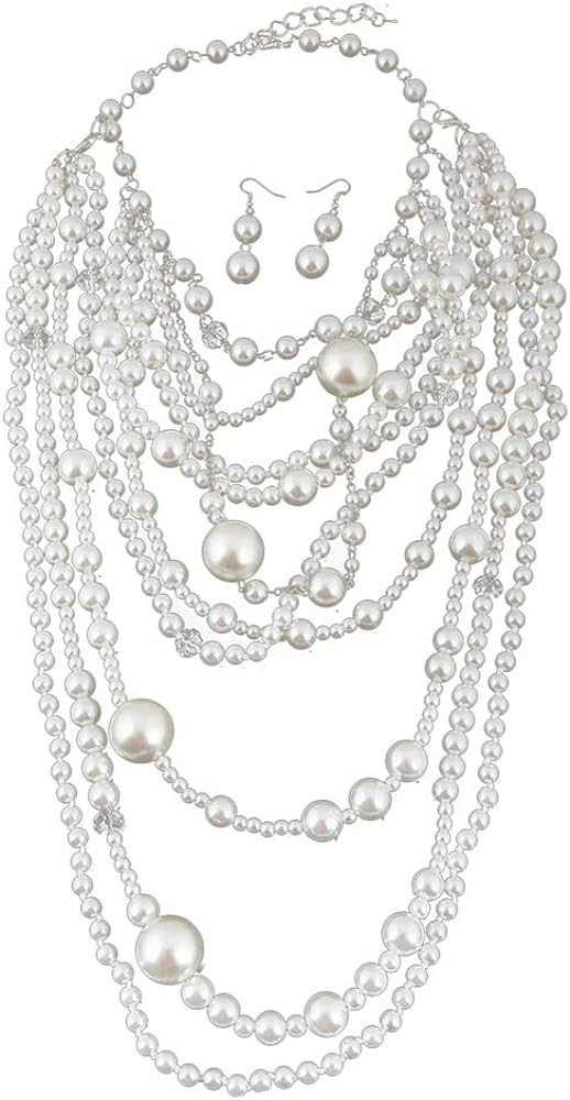 Gatsby 1920s Multilayer Faux Pearl Necklace Long Sweater Chain Necklace Earrings for Women Vintag... | Amazon (US)