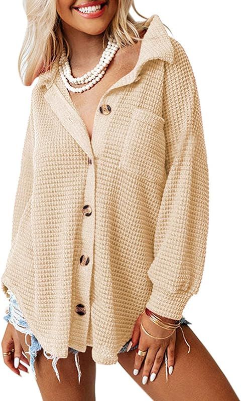 Womens Waffle Knit Shacket Jacket Casual Long Sleeve Button Down Shirts Dressy Blouses Tops | Amazon (US)