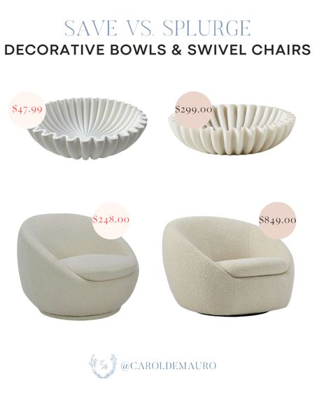 Check out these affordable alternatives to this white swivel chair and decorative bowl for your home!
#furniturefinds #lookforless #savevssplurge #decoridea

#LTKstyletip #LTKSeasonal #LTKhome