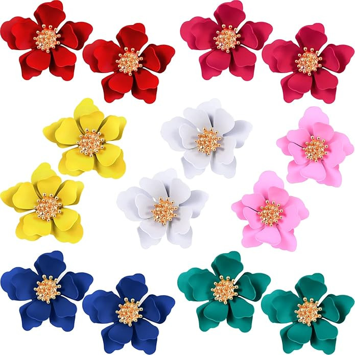 7 Pairs Beach Boho Flower Stud Earrings for Women, Flower Shaped Daisy Earrings with Gold Bud | Amazon (US)