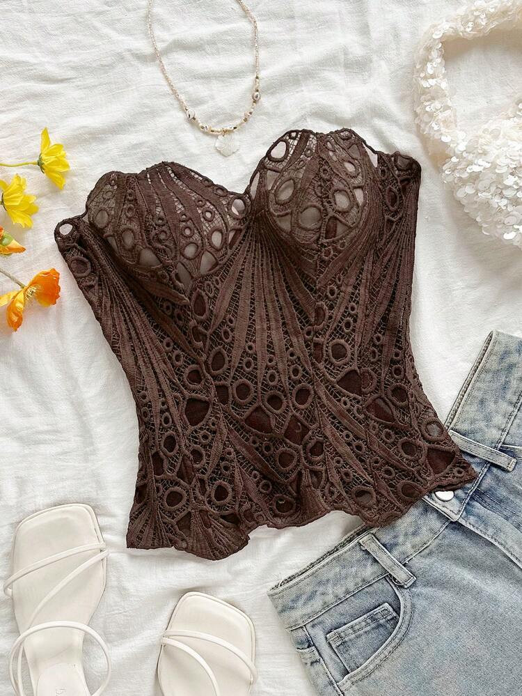 Soleia European And American Style Young Vacation Sexy Avant-Garde Lace Double-Layered Herringbone Court Corset Strapless Coffee Brown Hollowed-Out Embroidered Shapewear | SHEIN
