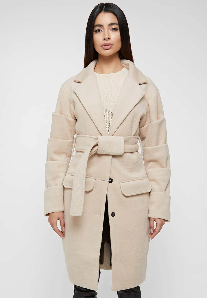 Tacked Sleeve Wool Overcoat - Beige | Maniere De Voir