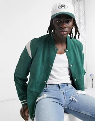ASOS DESIGN varsity jacket in green suede with leather sleeve insert | ASOS (Global)