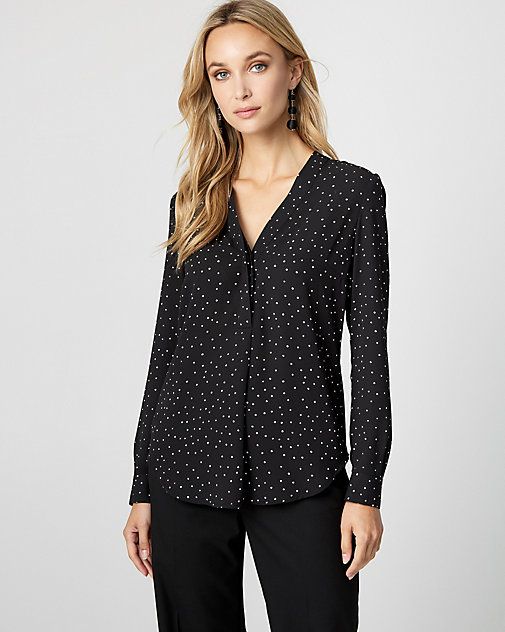 LE CHÂTEAU: Polka Dot Print Crêpe de Chine V-Neck Blouse | Le Chateau Stores Inc.