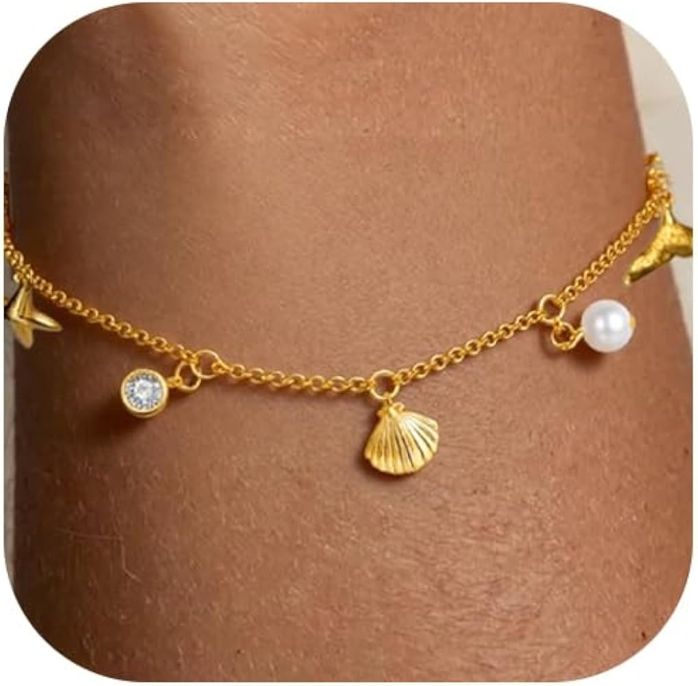 Gold Bracelet for Women, 18K Adjustable Starfish, Shell, Whale Tail & Pearl Beaded Chain, Ocean C... | Amazon (US)