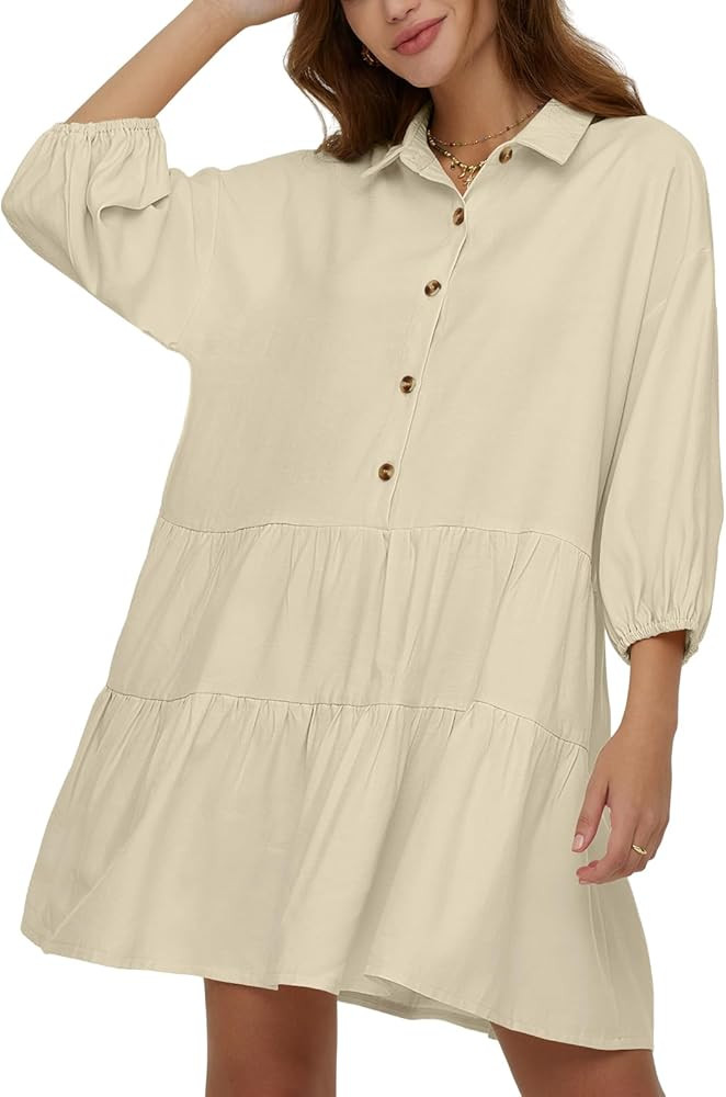 DEEP SELF Women's Casual Summer Short Dress 3/4 Puff Sleeve Button Down V Neck Collared Shirt Bob... | Amazon (US)