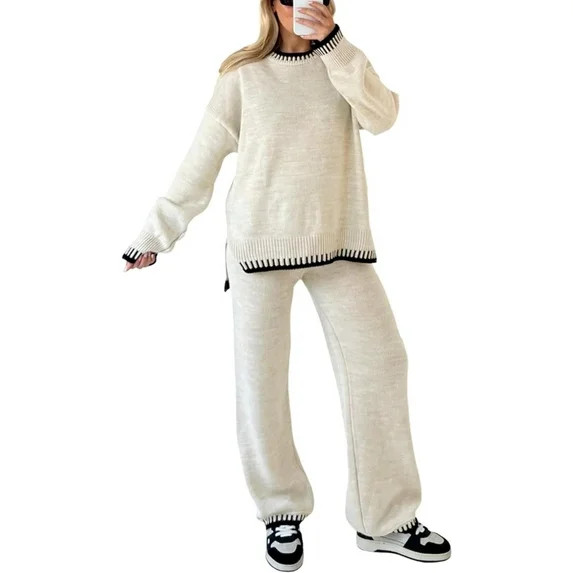 Women's 2 Piece Sweater Sets Outfits Long Sleeve Knit Pullover Tops Wide Leg Pants Lounge Sets Tr... | Walmart (US)