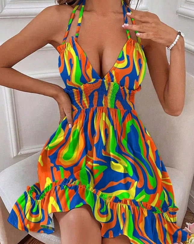 New Fashion Accessories European And American Cross-Border Hot Women's Clothing, Deep V Rope Straps, Earrings, Parallel Wrinkle Seams, Backless Sexy Dress | SHEIN