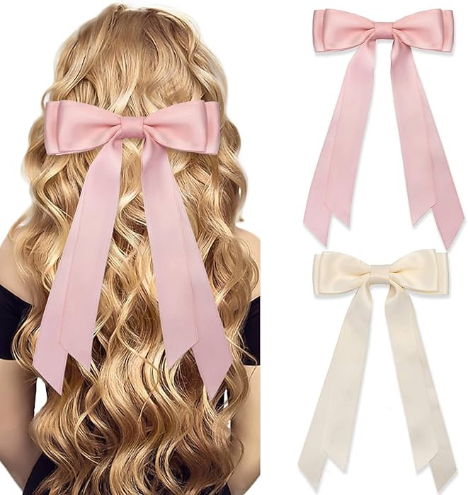 Silky Satin Hair Bows and Ribbon Clips in Pink and Beige - French Style Coquette Bow Alligator Cl... | Amazon (US)