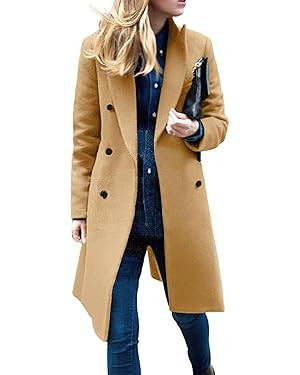 chouyatou Women's Basic Designed Notch Lapel Double Breasted Mid-Long Wool Pea Coat | Amazon (US)