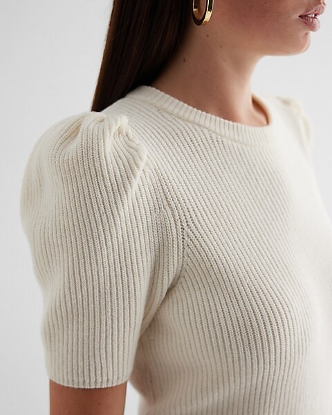 Ribbed Crew Neck Puff Sleeve Sweater | Express