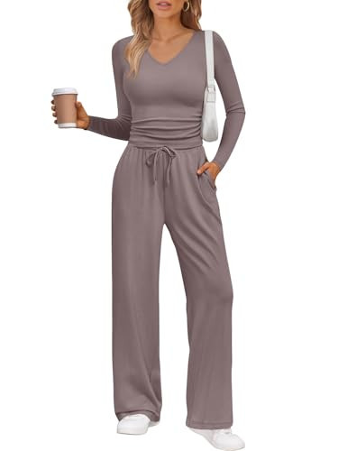 Trendy Queen Two 2 Piece Matching Lounge Sets for Women 2025 Winter Clothes Fashion Travel Vacation Sets Sweatsuits Casual Workout Airport Outfits Fall Clothing Rose Taupe L | Amazon (US)