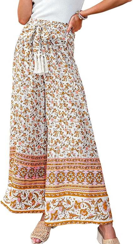 Eteviolet Boho High Waisted Pants for Women, Leopard Wide Leg Flowy Pants | Amazon (US)