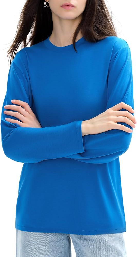 PUMIEY Women's Long Sleeve T Shirts Crew Neck Loose Fit Tops Casual Basic Tee Mirror Collection | Amazon (US)