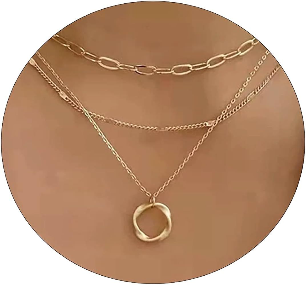 Layered Gold Necklaces for Women Dainty Gold Necklace 14k Gold Plated Cuban Pearl O Box Paper Cli... | Amazon (US)