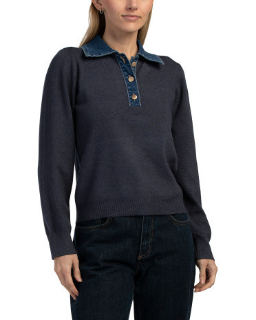 Denim Collar Sweater, Nylon/Spandex/Cotton | TJ Maxx