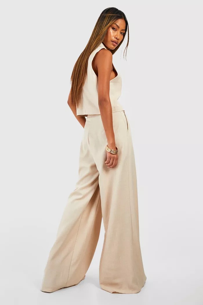 Linen Look Pleat Front Wide Leg Dress Pants | boohoo (US & Canada)